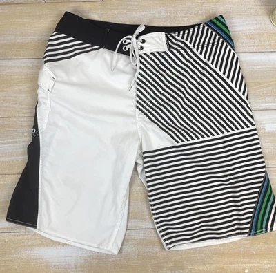 Volcom Mod Tech Mens Board Shorts Sz 34 White & Black Stripe Zip Fly Embroidered - Image 1 of 4