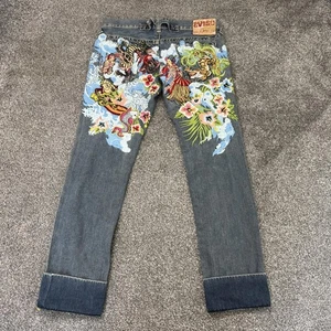 Y2K Vintage Evisu Super Low Rise Capri Jeans Bordado Patrón Desteñido Denim Lavado - Imagen 1 de 12