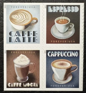 2021 Scott #5569-72, Forever, ESPRESSO DRINKS - MNH - Block of 4 Booklet Stamps - Picture 1 of 1