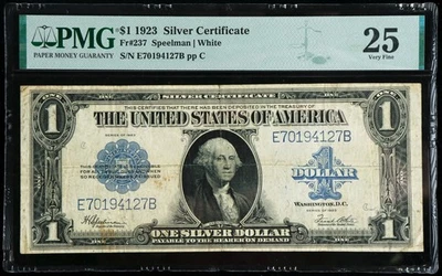 Fr#237 1923 $1 US Blue Seal Silver Certificate Note PMG 25 VF - Image 1 of 2