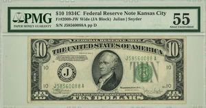 FR #2008-JW $10 1934C Federal Reserve Note Kansas City AU55 PMG 947115-8 - Picture 1 of 3