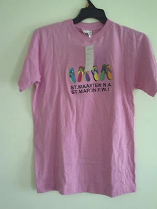 Vtg 90's ST MARTEN NA FWI T Shirt Pink Embroidered Sandals Sz S - Picture 1 of 3