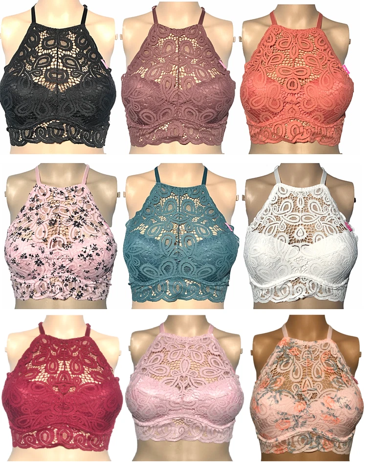 VICTORIAS SECRET PINK LACE PADDED PUSH UP BRALETTE HIGH NECK HALTER NECK BRA NWT - Image 1 of 1