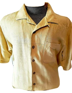 Camisa de Crucero Hawaiana Batek Bay Para Hombres Oro Amarillo Botón Frontal Seda Grande L - Imagen 1 de 3