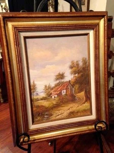 Mid Century Original Signed Oil Painting Cottage Trees Landscape Skyscape - Picture 1 of 1