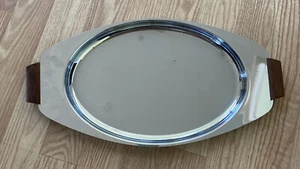  Danish Modern Oval Serving Tray Stainless Teak Wood Denmark Vintage Party - Picture 1 of 9