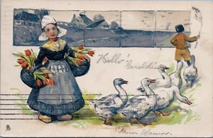 Postcard c1907 Raphael Tuck  Dutch Boy And Girl, Geese, Tulips, Delft Tiles - Picture 1 of 2