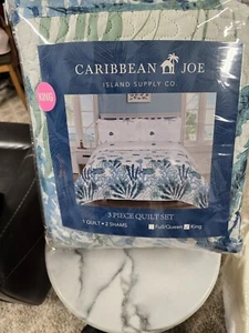 Caribbean Joe We Belong at the Sea Blu/Gr/White Pattern King Size Quilt & Sham - Picture 1 of 7