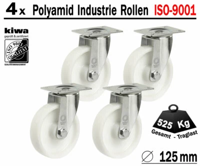 Polyamid Schwerlast Transport Lenk Rollen 4 x Ø 125 mm Le-Le / BS-Rollen Germany