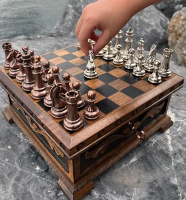 Vintage Chess Set with Hidden Compartment – Puzzle Chess Board & Classic Bronze - Image 1 of 4