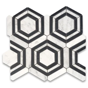 C33AXH Carrara White Marble Strip Hexagon Georama Geometric Mosaic Tile Honed - Picture 1 of 6