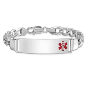 925 Sterling Medical Alert ID Curb Link Chain Bracelet Sz Sm Red Caduceus Symbol - Picture 1 of 6
