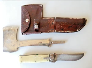 Vintage KA-BAR Hatchet / Knife Combo, Hefty Bakelite Handle, Orig Leather Sheath - Picture 1 of 19