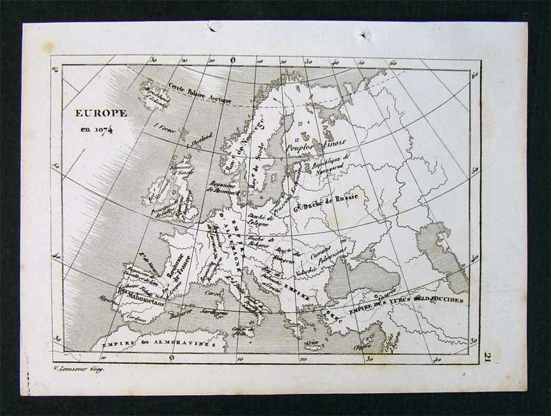 c. 1835 Levasseur Map - Europe in 1074 - Medieval Empires Turks France Spain - Image 1 of 1