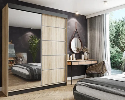 Wardrobe 150x200cm Decorative Stripes Sliding Doors Mirror Hanging Rail AMO 150 - Image 1 of 3