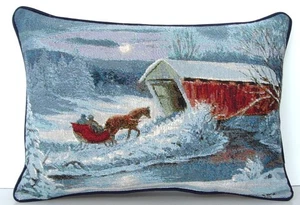 Horse Drawn Sleigh On Snowy Night , Covered Bridge, Picken Tapestry Pillow New - Picture 1 of 9