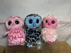 Ty beanie boo glitter eyes Set Of 3 Owls Twiggy Pinky Yago Blue plush toy - Picture 1 of 10