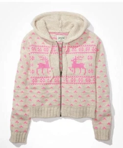 American Eagle Gray full Zip Fleece Hoodie Elks & fair isle sweater jacket Sz XS - Picture 1 of 10