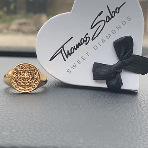 Thomas Sabo Ring 18ct Gold Plated Sterling Silver w/ Diamond Signet Ring Size V - Picture 1 of 12