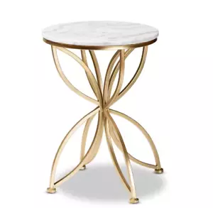 Baxton Studio End Table 15.4" Round Marble Top White/Gold Openwork Metal Frame - Picture 1 of 7