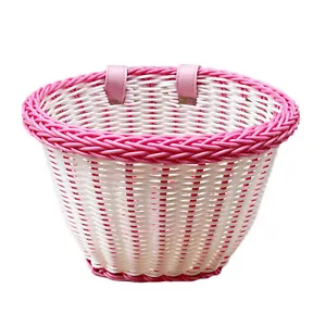 Kid'S Front Handlebar Bicycle Basket Pink White Faux Rattan Bike Decoration - Picture 1 of 9