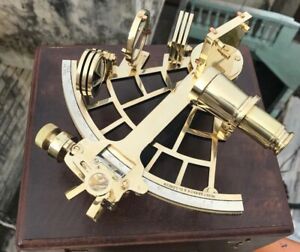 Nautical 9" Brass Sextant With Wooden Case Polished Navigation Working Marine