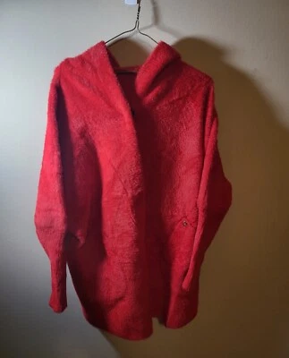 Women's Red Hood Coat Front Pockets Long Sleeve 3Button Down Wool/Polyester Warm - Image 1 of 4