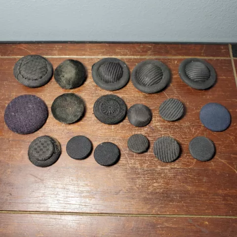 Lot of 17 Antique / Vintage Black Round Cloth Fabric Buttons 3/4" - 1 1/2" Cover