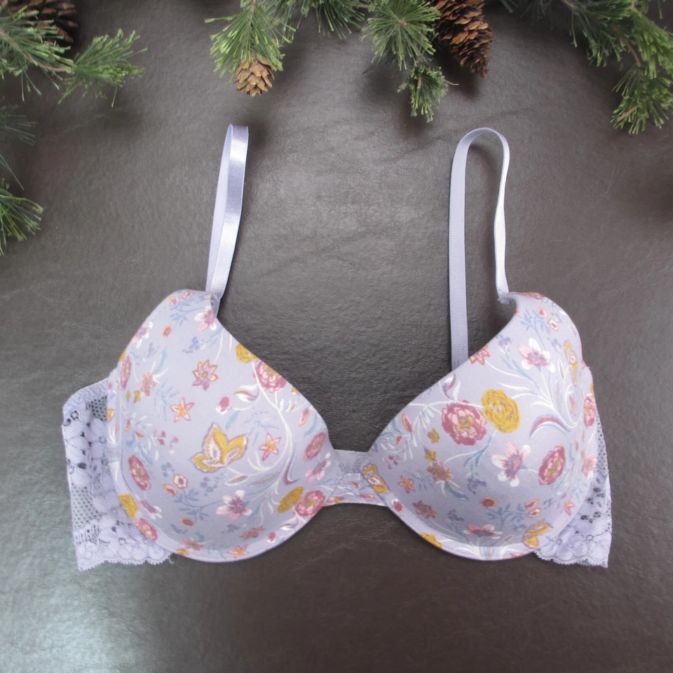 Sujetador Jessica Simpson 36C púrpura floral acolchado con aros cierre ajustable trasero Foto 1 de 4