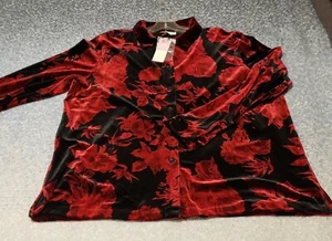 Velour Hemd mit Knöpfen Damen Große XL Samt Blumen Langarm JM Collection - Bild 1 von 13