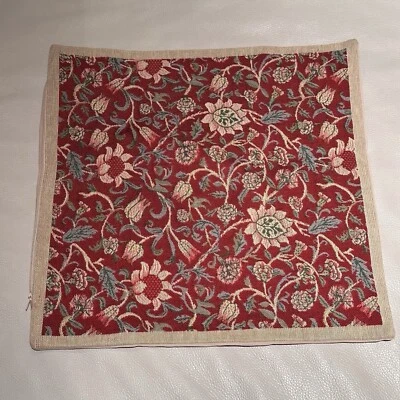 Fleurs de Morris Red Belgian Tapestry Decorative Throw Pillow Cover 16”x16” - Image 1 of 4