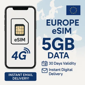 Europe eSIM – 5GB High-Speed Data | 30 Days Validity | Instant Digital Delivery - Zdjęcie 1 z 1