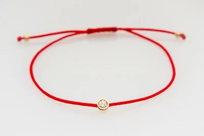 Solitaire Natural Round Diamond 0.10Ct Red String Rope Macrame 14k Gold Bracelet - Image 1 of 4