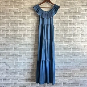 VTG Young Edwardian Soft Light Blue Pleated Ruffle Collar Tiered Maxi Dress 5 - Picture 1 of 9