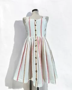 ROXY Mini Sun Dress Sz M Striped Cotton Linen Button Down Lined with Pockets - Picture 1 of 10