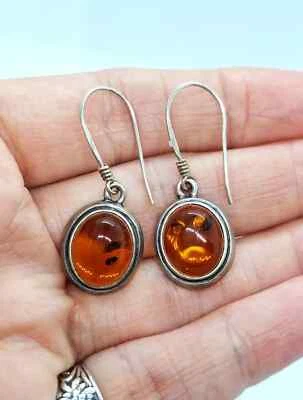 Pendientes colgantes vintage de plata de ley 925 con cabujón ámbar Foto 1 de 4