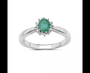 STERLING SILVER EMERALD & DIAMOND CLUSTER ENGAGEMENT RING SIZE P - Picture 1 of 2