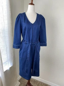 Liz Claiborne Size 12 Denim Dress Knee Length Sheath Cottagecore Prairie Belted - Picture 1 of 6