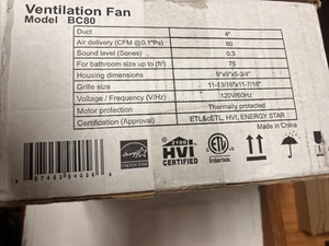 Qufresh Ultra Silent BC80 Ventilation Fan, 80 cfm, 4 in Dia Duct, NEW OPEN BOX - Picture 1 of 9