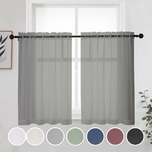 Short Grey Sheer Curtains 36 Inches 2 Panels Set - Light Filtering Kitchen Ti... - Picture 1 of 6