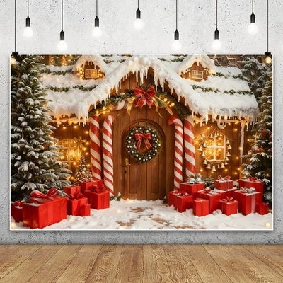 Christmas Tree Gift House Photography Background Happy New Year Xmas Backdrop - Image 1 of 4