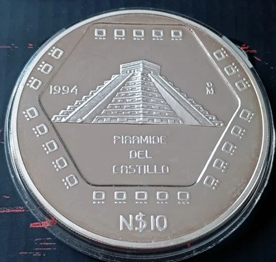 1994 + 5 OUNCE  .999 silver $10 CASTLE PYRAMID coin, proof in capsule, scarce de - Image 1 of 2