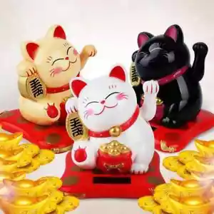 Solar Powered Chinese Maneki Neko Lucky Waving Beckoning Fortune Gift Cat Decor - Picture 1 of 8