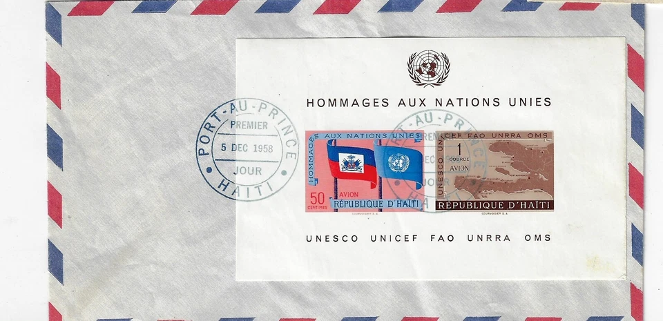 Hoja de recuerdo Haití FDC 1958 (HOMMAGES AUX NATION UNIES SC# C135a Foto 1 de 1