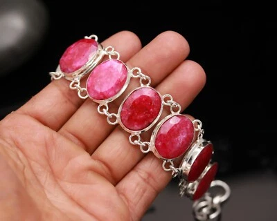 Ruby Lab Created Gemstone 925 Sterling Silver Bracelet Gift For Love - 8" - Image 1 of 4