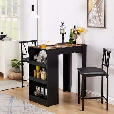 Dining Table Set 2 Bar Stools Kitchen Counter Bar Stool Chair Storage Shelves - Image 1 of 4