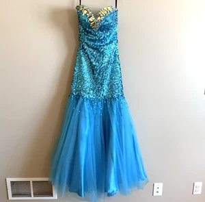 RJ CRUSH Long Mermaid PROM DRESS Aqua Blue Sequins Stones Stapless Tulle Sz 4 - Picture 1 of 15