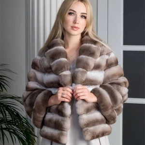 Women's Real Chinchilla Fur Jacket Winter New Rex Rabbit Fur Coat Lapel Overcoat - Picture 1 of 4