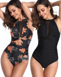 Women Neck High Coverage One Piece Swimsuit Swimwear Bodysuit Bathing Beachwear - Picture 1 of 21