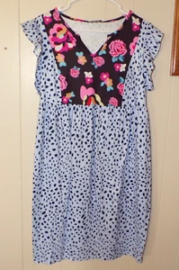 Coeur De Vague Polka Dot Floral Baby Doll Dress Sm Blue V-Neck Ruffled Sleeve - Picture 1 of 3